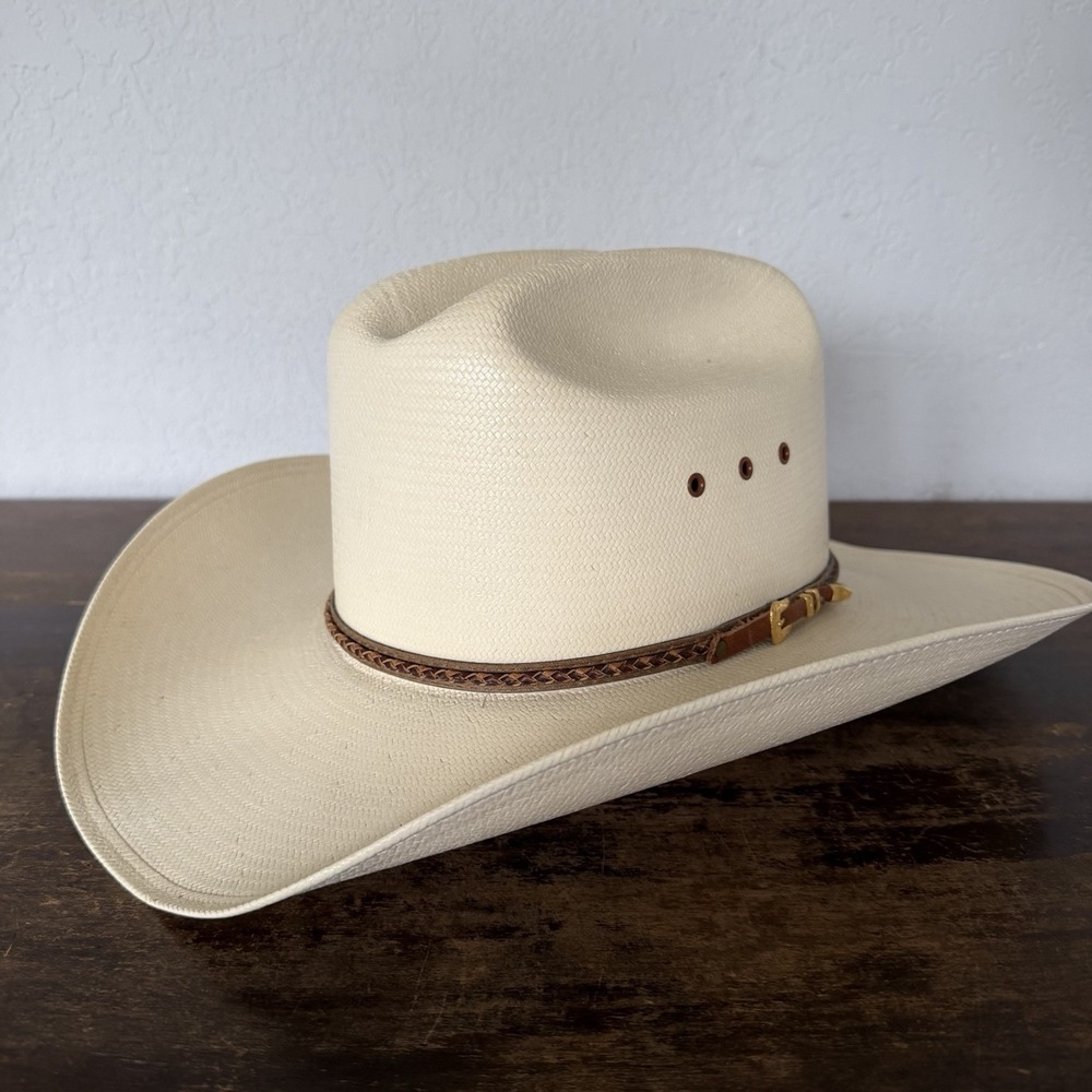 Stetson 10X Shantung Panama Straw Cowboy Hat 7 3/8 Vintage USA Rancher Genuine